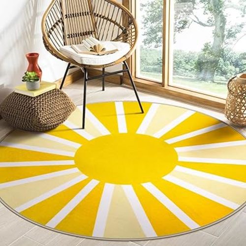 Lahome Yellow Rainbow Sun Round Rug: 4ft Washable & Non-Slip Low Pile with Cute Boho Print for Nursery, Bathroom, Bedroom, Kids Room & Dorm