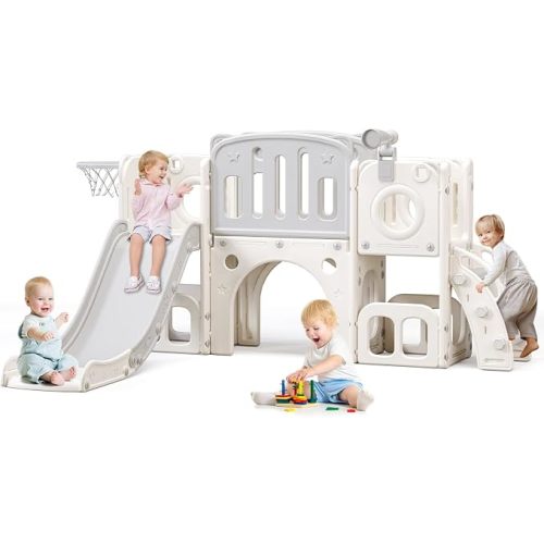Toddler Slide,Kids Climber Slide with Storage Space and Non-Slip Steps,Indoor Outdoor Playset with Basketball Hoopa and Telescope,Slide for Toddlers Age 1-3