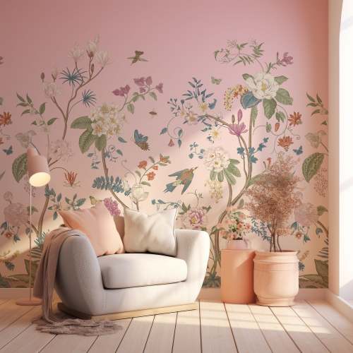 Lily Lane Orchard Pink - Pink Botanical Victorian Plants, Florals & Birds Wallpaper Mural