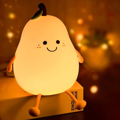 Night Light Pear Cute LED Nursery Nightlight Lamp, Tap Control Squishy Silicone, USB Rechargeable Bedside Lamp for Bedroom, Warm White & 7 Colors, Christmas Gift