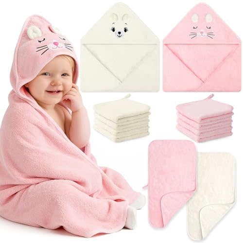 Flasoo 12 Pcs Baby Bath Towels Set for Infants Toddlers, 2 Pcs Animal Hooded Bath Towel, 2 Pcs Baby Burp Cloths & 8 Pcs Washcloths Set, Absorbent Soft Newborn Gift for Boys & Girls (Kitten & Bear)