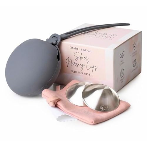 Cradle & Grace Pure 999 Silver Nursing Cups XL & Carrying Case | Silver Nipple Covers Breastfeeding Kit for All-Natural Healing | Silver Nipple Shields for Nursing | Sore Nipple Relief Breastfeeding - X-Large