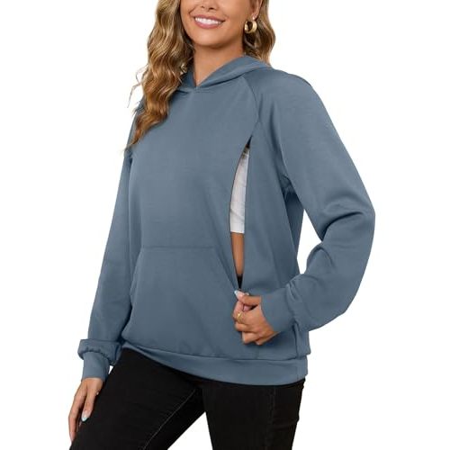 Bhome Nursing Sweatshirt Hoodie for Breastfeeding with Hidden Zippers Maternity Breast Pumping Tops Kangaroo Pocket