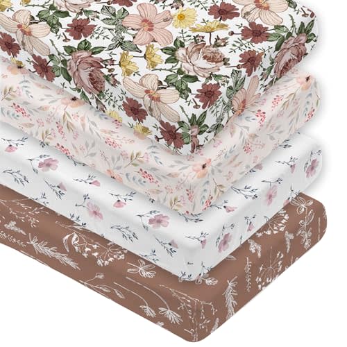 4 Pack Floral Crib Sheet Set for Baby Girl, Soft Breathable Fitted Pink Crib Sheet 28 x 52 in, Vintage Wildflower Nursery Decor for Standard Crib and Toddler Bed Mattresses
