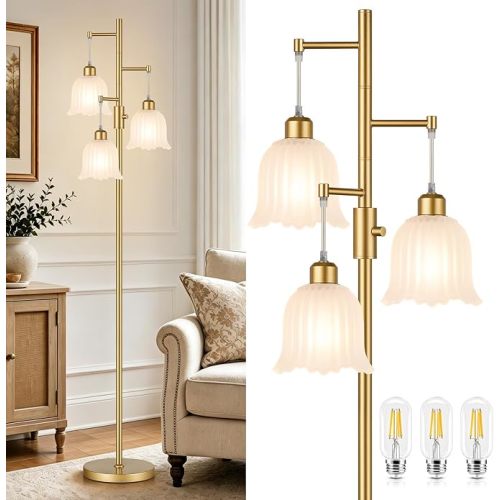 Dimmable Floor Lamp, 3 x 900LM Edison Bulbs Included, Modern Gold Tree Standing Lamp with Elegant Frosted Glass Flower Shade 3 Lights Vintage Floor Lamp for Living Room, Bedroom, Office