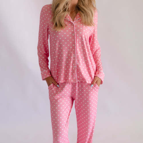 Women's Button Up Set In Pink Hearts
