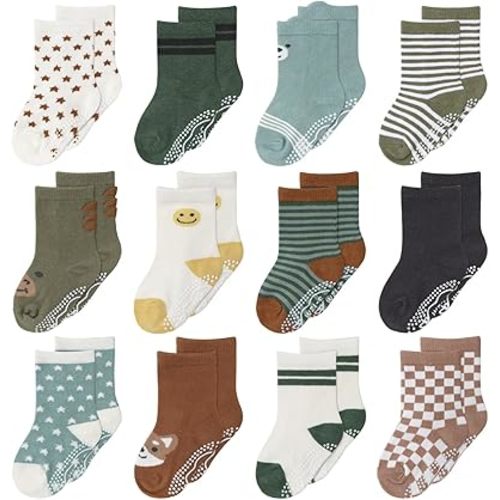 The Peanutshell Organic Baby Unisex Socks 0-24 Months Set of 12 - Non-Slip Grip Soft Cotton Newborn & Toddler Socks - Neutral