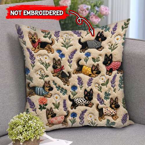 German Shepherd Dog Pillow (2D FLAT PRINTED), Faux Embroidery Dog Cushion, 3D Effect Print German Dog Decor, Cute Dog Mom Gift, Dog Gifts