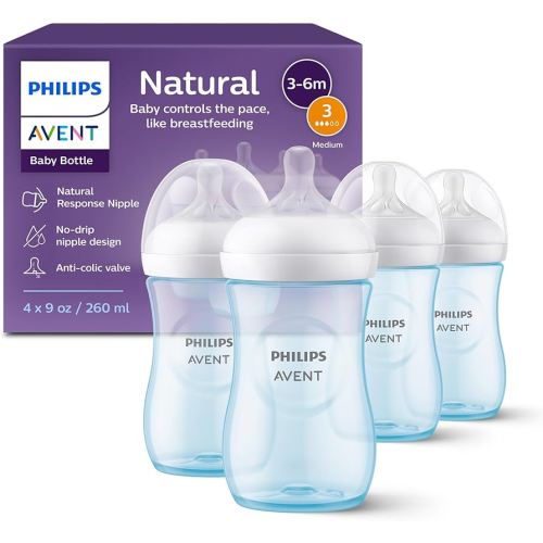 Philips Avent Natural Baby Bottles with Natural Response Nipples (Medium Flow, Flow 3), 9oz, Blue, 4-Pack, SCY903/24