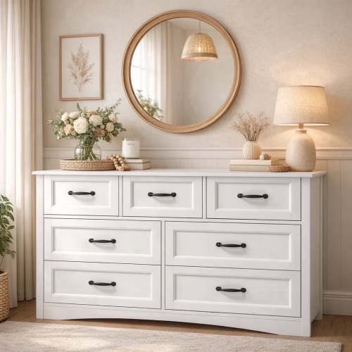 7-Drawer Dresser with Metal Handles, 47" Wide White Storage Chest of Drawers Organizer, Wood Cabinet for Living Room Hallway Entryway, Anti-Tip Easy Assembly