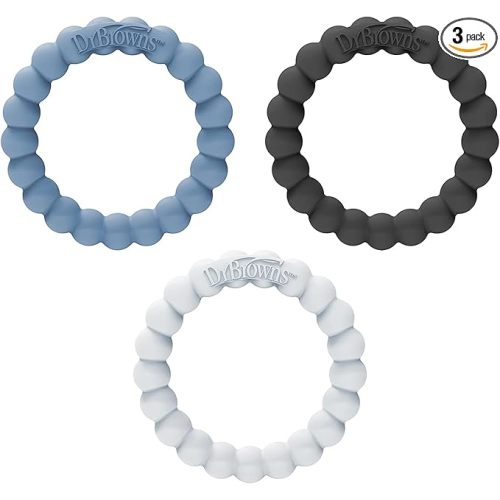 Dr. Brown’s Flexees Beaded Teether Rings, 100% Silicone, Soft & Easy to Hold, Encourages Self-Soothe, 3 Pack, Blue, Light Blue, Black, BPA Free, 3m+