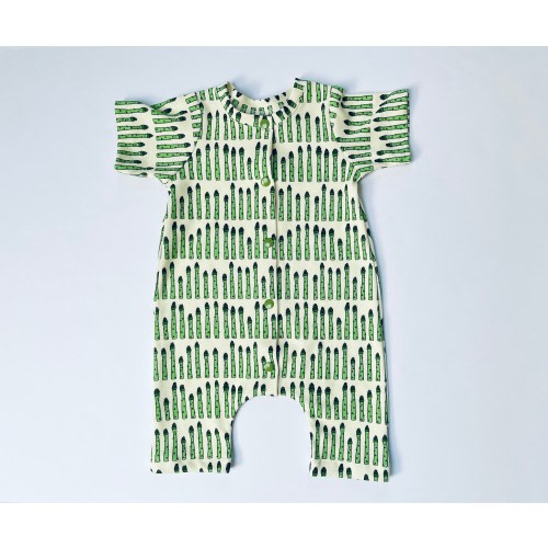 organic baby harem romper bright asparagus on cream background, baby gift, organic baby, girl, boy, summer clothes, veggie romper