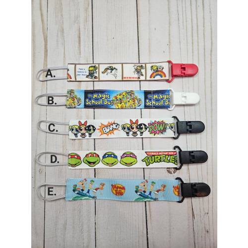TV Show Cartoon Turtle School Bus Vintage Stone Age Pacifier Clip / Baby shower gift / fabric pacifier clip / handmade baby present /