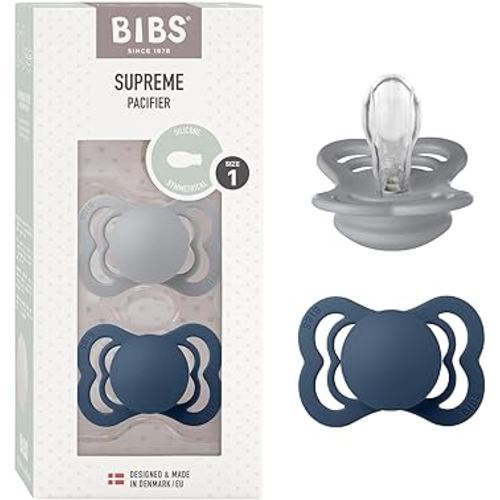 BIBS Supreme Baby Pacifier 2-Pack | Made in Denmark | BPA Free Dummy Soother, Symmetrical Nipple. Silicone, Size 1 (0-6 Months), Cloud/Steel Blue