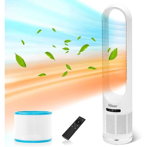 3-in-1 Bladeless Fan with Air Purifier,Indoor Heater,Fan and Heater Combo HEPA Filter,Tip-Over Switch,26ft/s Quiet Tower Fans,80°Oscillating, 8 Speeds, 9H Timer, 32 inch Large