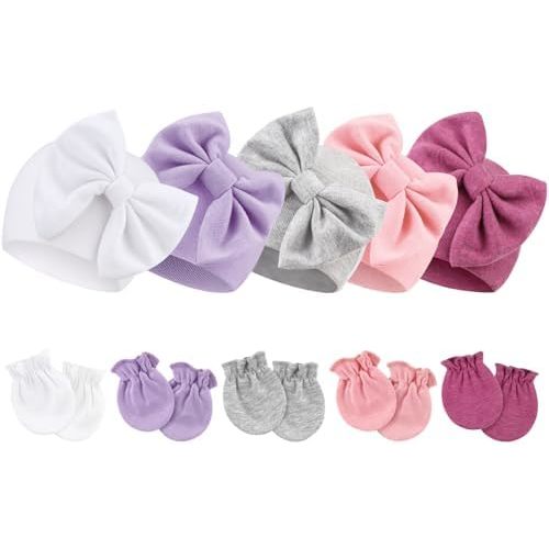 Conjunto de sombreros y manoplas para bebé recién nacido, gorro con lazo, guantes para recién nacidos, sombreros de hospital para bebés niños y niñas de 0 a 6 meses
