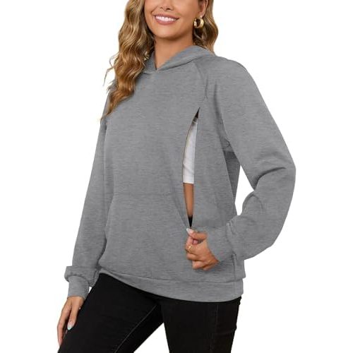 Bhome Nursing Sweatshirt Hoodie for Breastfeeding with Hidden Zippers Maternity Breast Pumping Tops Kangaroo Pocket
