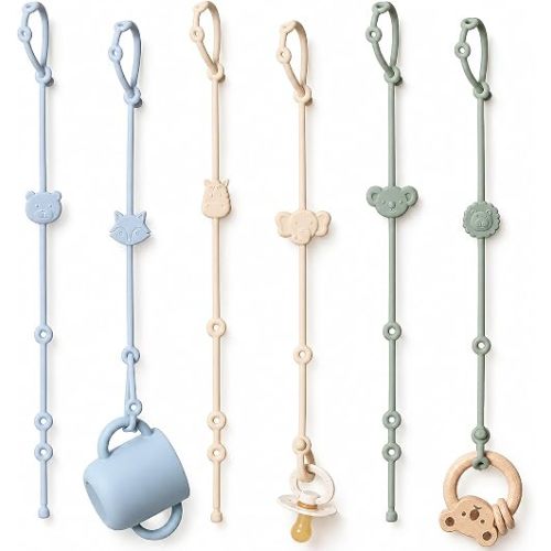 ROCCED Toy Straps for Baby 6pcs, Silicone High Chair Toys Straps Stroller Accessories Toddler Bottle Strap Car Seat Toys Baby Travel Essential Silicone Ivory+Sage+Blue