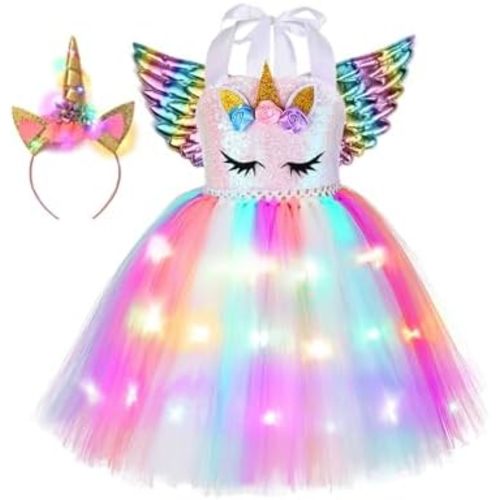 Halloween LED Unicorn Costume for Girls Rainbow Pink Light Up Tutu Dress with Headband Birthday Holiday Party