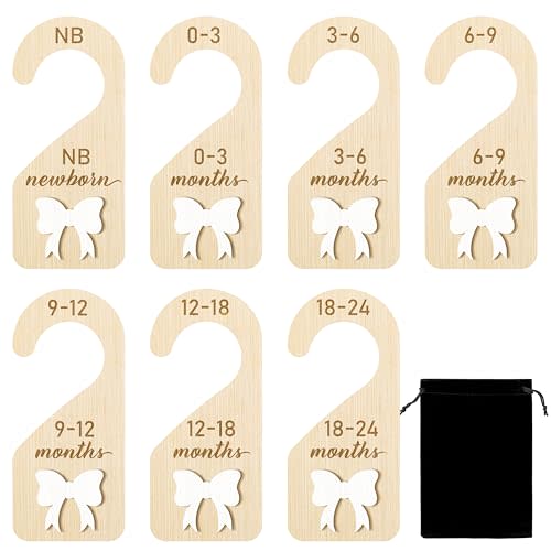 R HORSE Wooden Baby Closet Dividers - 3D Coquette White Bow Baby Closet Organizer, 8Pcs Double-Sided Newborn Clothes Size Hanger Dividers, Nursery Decor Birthday Gift for Boy Girl (0-24 Months)