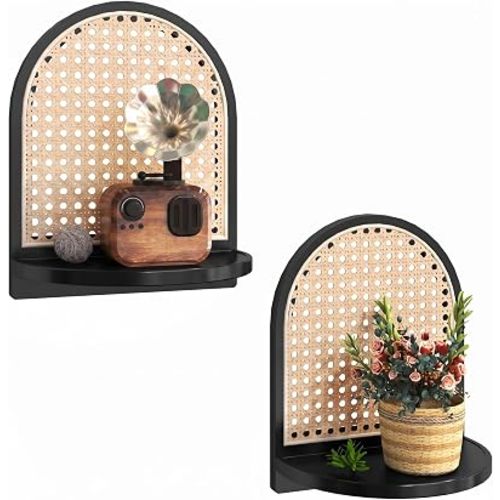 Rattan Shelf Set of 2, 7'' Black Rattan Shelf with Wicker Decor, Boho Wall Decor Small Floating Shelf for Plant Figurines Display, Mini Shelves for Knick Knack Storage