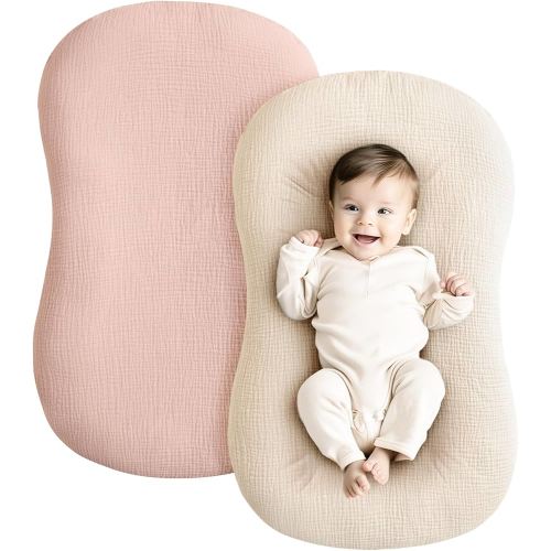Konssy Muslin Baby Lounger Cover 2 Pack, 100% Cotton Newborn Lounger Cover, Soft and Breathable Baby Nest Slipcover for Boys Girls (Pink,Wheat)
