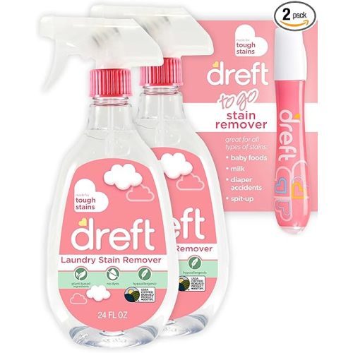 Dreft Stain Remover for Baby Clothes, Fragrance Free and Hypoallergenic Baby Stain Remover Spray Plus Travel Size Stain Treater Pen, 24 Fl Oz ( Pack of 2 + Stain Pen)