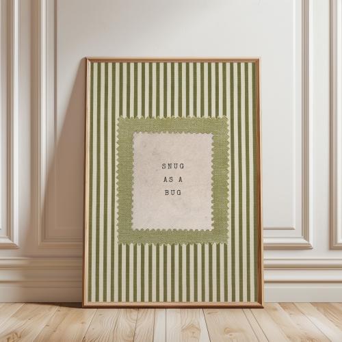 Snug As A Bug Nursery Wall Art: Green Striped Bedroom Decor, Cottagecore Printable Kids Room Art Print Loving Quote #287