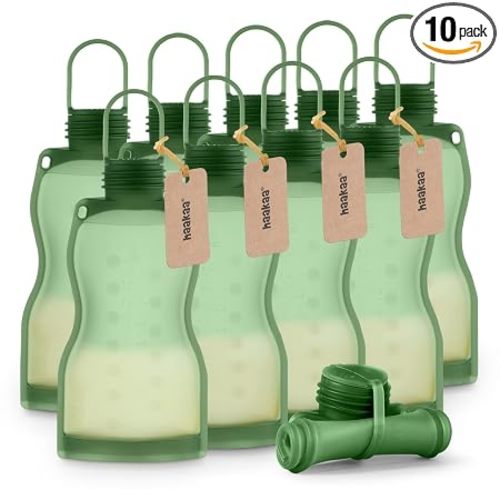 haakaa Silicone Breast Milk Storage Bag 9 oz- Reusable Milk Collector Freezer Bag for Breastfeeding Mom - Baby Food Storing Yummy Pouch - Breast Pump Bag - 10 Count,Pea Green