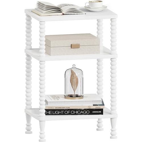 Side Table, 3-Tier Small End Table, Tall Accent Table with Storage Shelf for Small Spaces, Bedroom, Living Room, Farmhouse, White