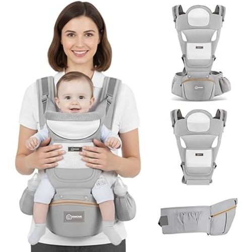 Adjustable Baby Hip Carrier with Detachable Hip Seat and Head Support, 6 in 1 Toddler Carrier M-Shape Ergonomic Baby Carrier Newborn to Toddler, Adjustable Shoulder Straps, Big Storage Pocket - Grey