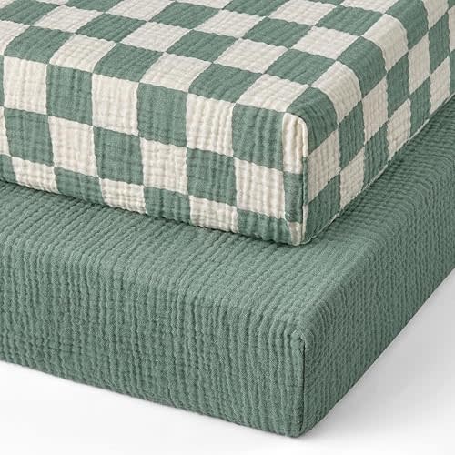 Blissful Diary Muslin Mini Crib Sheets, Pack and Play Mattress Sheets Fitted for Pack N Play, Soft Cotton for Boys Girls, 2 Pack(Sage Checkboard & Sage Green)