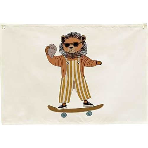 Lion Skateboarding Nursery Rectangular Canvas Banner-Flag Wall Sign Decor for Toddler Boys Kids,Baby Room Playroom Reading Room Bedroom Dorm Decor-Baby Shower Birthday Christmas Gift