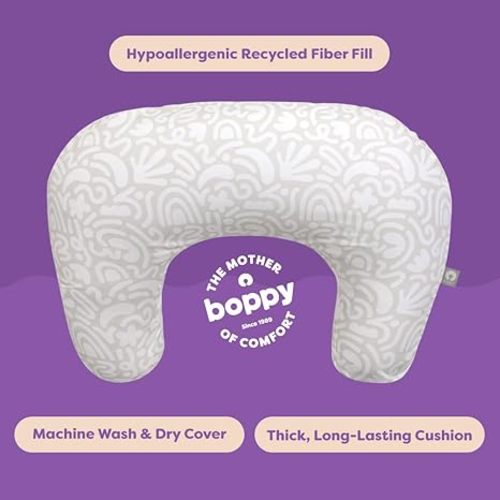 Boppy Nursing Pillow - Firm, Ergonomic U-Shaped Bottle and Breastfeeding Pillow with High Lift for Comfort and Support, Spacious Surface - Cream Retro Squiggles