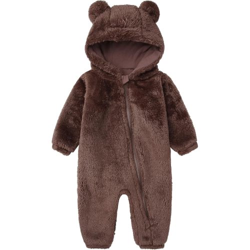 Baby Furry Jumpsuit Infant Bear Onesies Zipper Long Sleeve One-Piece Romper Hoodie Baby Outwear Snowsuit