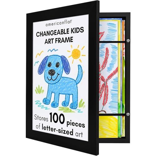 Americanflat 10x12.5 Kids Art Frame - Front Loading Picture Frames Hold 100 Artworks - Use as 8.5x11 Picture Frame with Mat - My Mini Masterpiece - Hanging Hardware and Built-in Easel Included - Black
