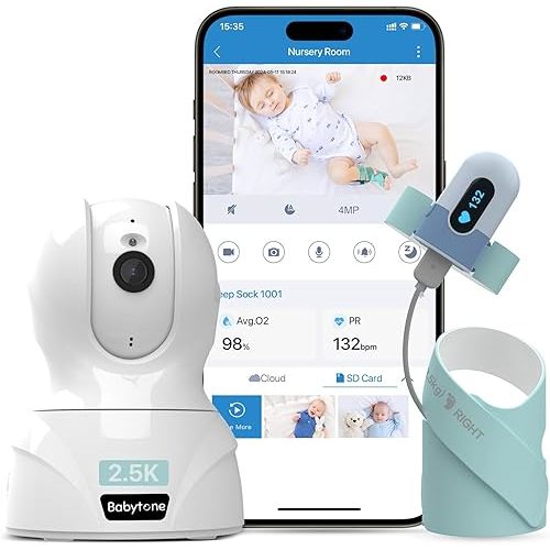 Babytone Baby Monitor - Smart Sleep Sock & 2.5K HD Camera, Track Heart Rate & Average Oxygen Level, Cry/Motion Detect, Two-Way Audio and Night Vision Baby Monitor with APP