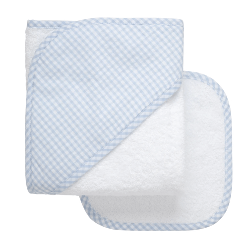 3 Marthas Big Check Baby Hooded Towel & Washcloth Set, Blue