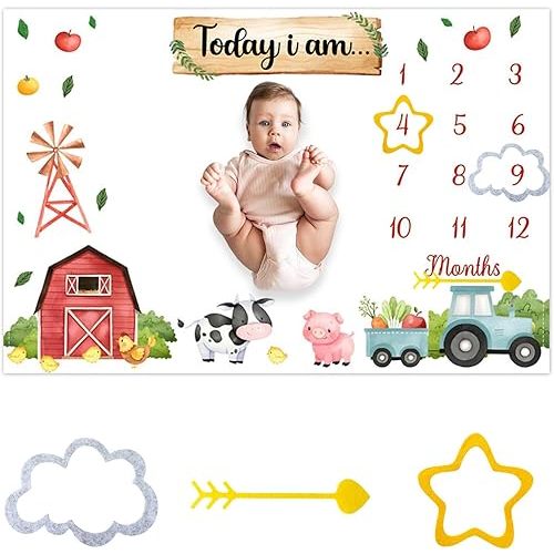 Farm Baby Monthly Milestone Blanket Farm Animal Truck Barn Photography Background Newborn Growth Record Prop Blanket 60 "x40 with Frames