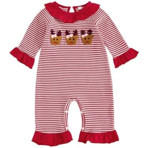 Newborn Girl Ruffle Deer Romper Infant Baby Christmas Outfit Embroidery Santa Long Sleeve Waffle Knit Striped Jumpsuit