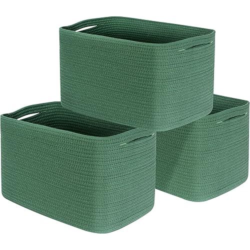 MINTWOOD Design 3-Pack Decorative Woven Storage Baskets for Shelves, Cube Bin Box for Organizing Books, Shoes, Dog Toys, Pantry Closet and Living Room Organizer, Forest Green