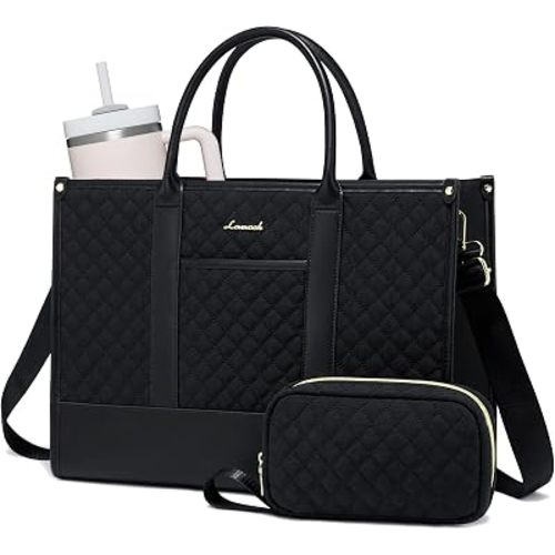 LOVEVOOK Laptop Bags for Women, 15.6 inch Waterproof Work Tote Bag with Clutch, Professional Teacher Computer Purse Lightweight Shoulder Bag Travel, Quilted Black