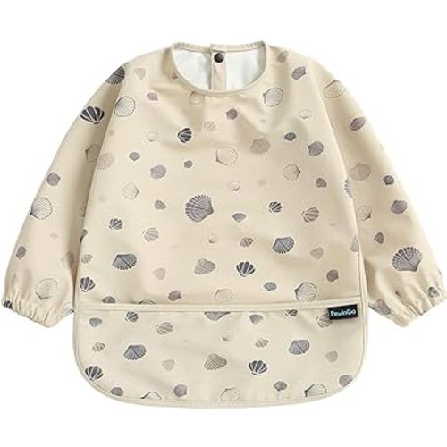 Baby Bib with Long Sleeves Bib & BLW, Machine Washable & Soft and Skin-Friendly Material, Coverall Bibs for Baby Feeding, Waterproof and Easy to Clean, for Baby Infant Toddlers (Beige)