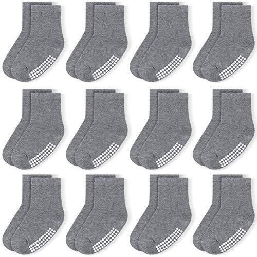 JAKIDAR 12 Pack Baby Toddler Socks Non Slip Grip Cotton Crew Socks for Boys Girls Infants Kids