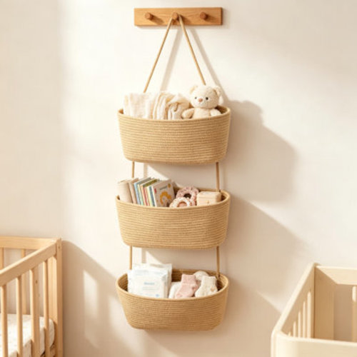 Wall Hanging Cotton Baskets with Wood Base - Large Three Tier Boho Decor Organizer for Nursery, Bathroom, and Living Room | Wayfair