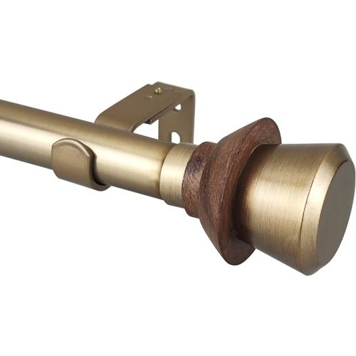 Modern Style Single Curtain Rod Set with Antique Brass Round Wood Look Finial, 36-72 in, Standard Single Whtie Drapery Rod for 1 Pack, 1 in diameter, Adjustable Length