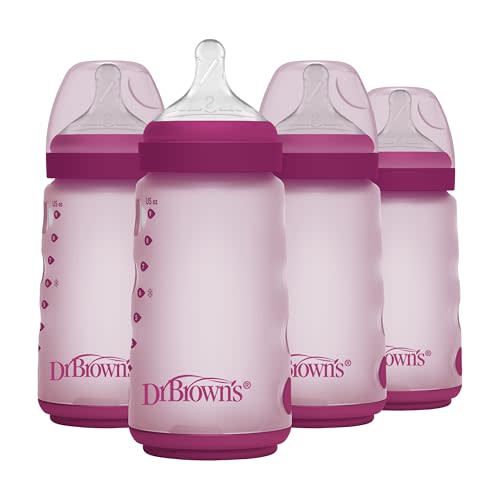 Dr. Brown's Silicone Baby Bottle with Collapsible Insert Designed to Reduce Colic, 9 oz with Wide-Neck Level 2 Medium Flow Nipple, 3m+, Pink, 4-Pack