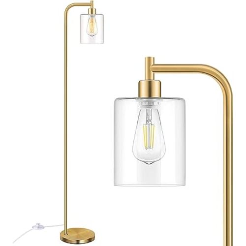 Industrial Floor Lamp with Hanging Glass Shade Brass Gold Farmhouse Indoor Pole Light with Edison E26 Base Vintage Rustic Standing Tall Lighting for Living Room Bedroom Office(ST64 Bulb Included)