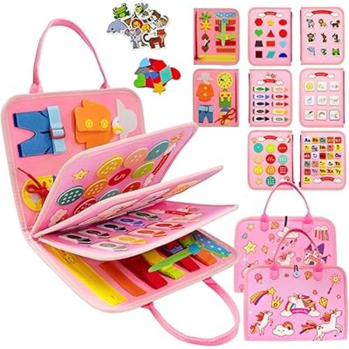 MAJAVI Busy Board Montessori Toys for 1 2 3 4 Year Old, Busy Book Sensory Toy for Toddlers Learning Fine Motor Skills, Educational Activities Airplane Car Travel Toy for Baby Boys Girls, Pink