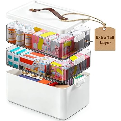 Homaigie Extra Tall 3-Tier Medicine Cabinet Organizer for Upright Medicine Bottles Organizer, Portable Medicine Storage Box with Leather Handle, Empty First Aid Kit Container for Home, Travel
